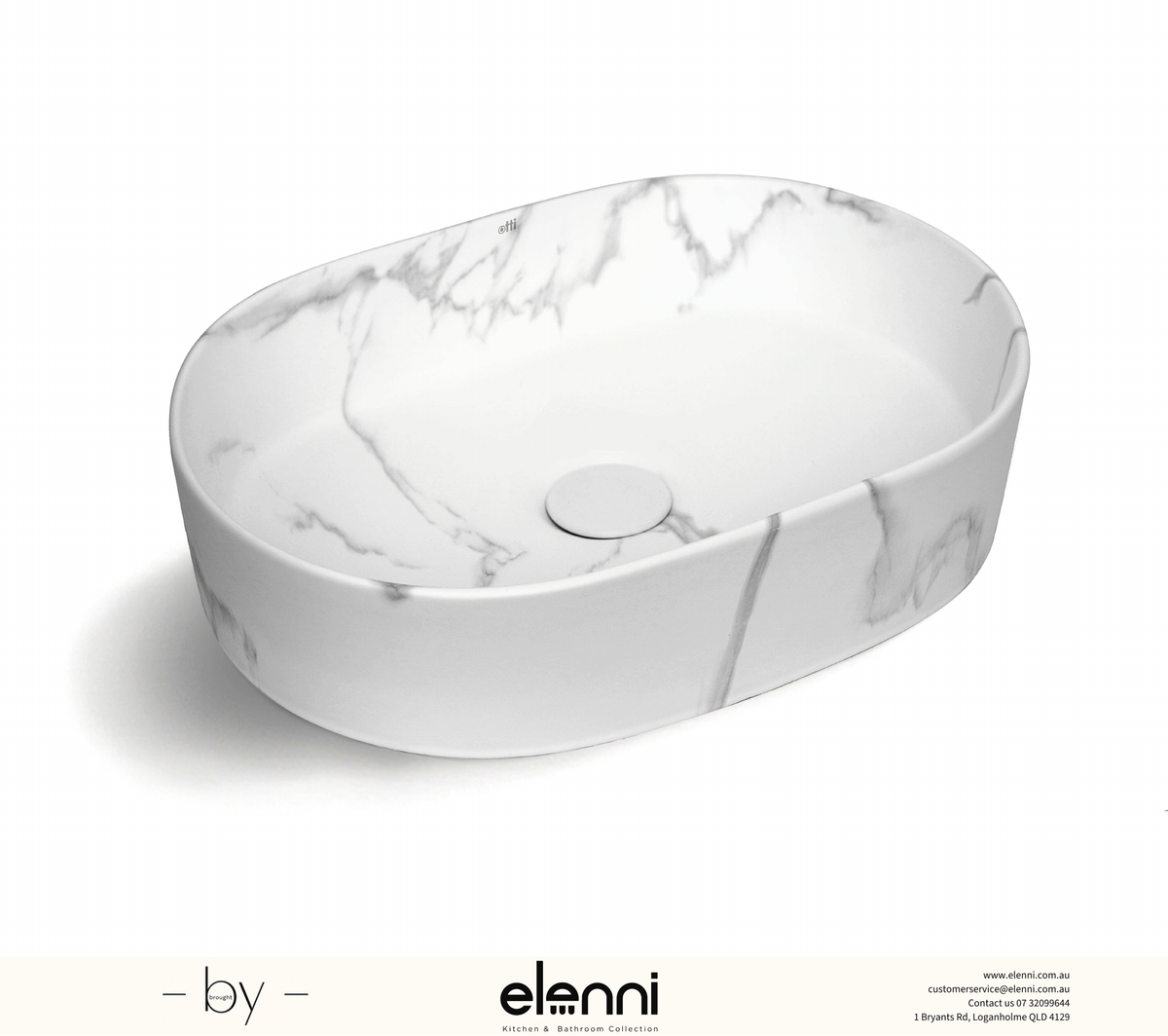 Quay Oval 500x330x120 Matte Carrara Basin - Elenni specification drawing