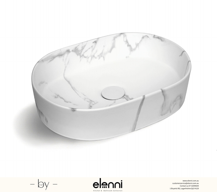 Quay Oval 500x330x120 Matte Carrara Basin - Elenni specification drawing