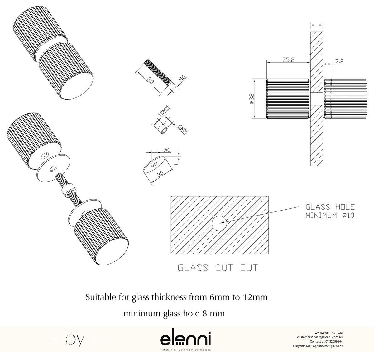 Shower Screen Handle - Fluted - Round - Elenni specification drawing