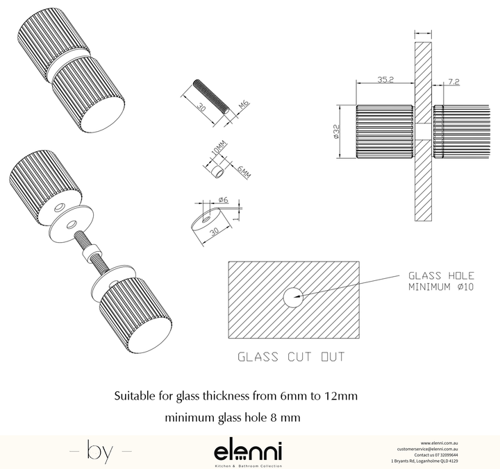 Shower Screen Handle - Fluted - Round - Elenni specification drawing