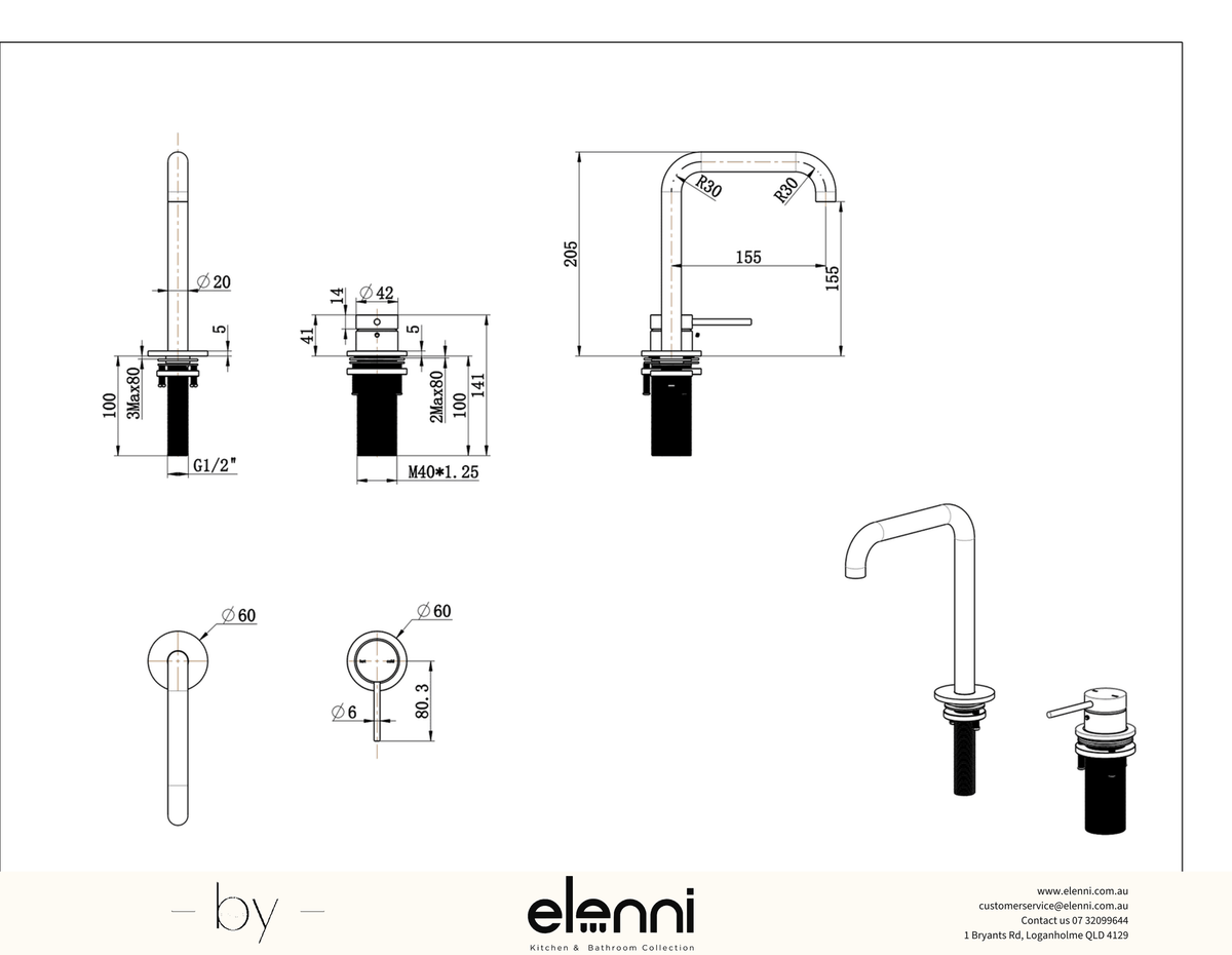 Elenni specification drawing — Mica Soft-Square Hob Sink/Basin Mixer Set