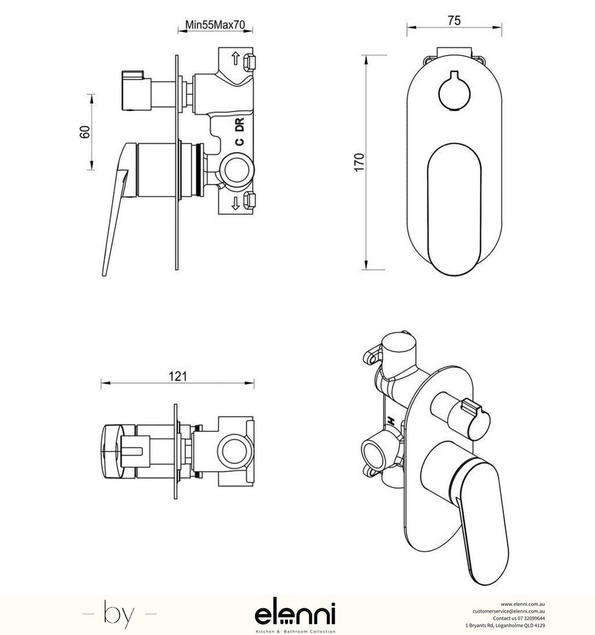 Bella Vista Lantra Shower Mixer Diverter - 1P - Trim Kit Only - Elenni specification sheet