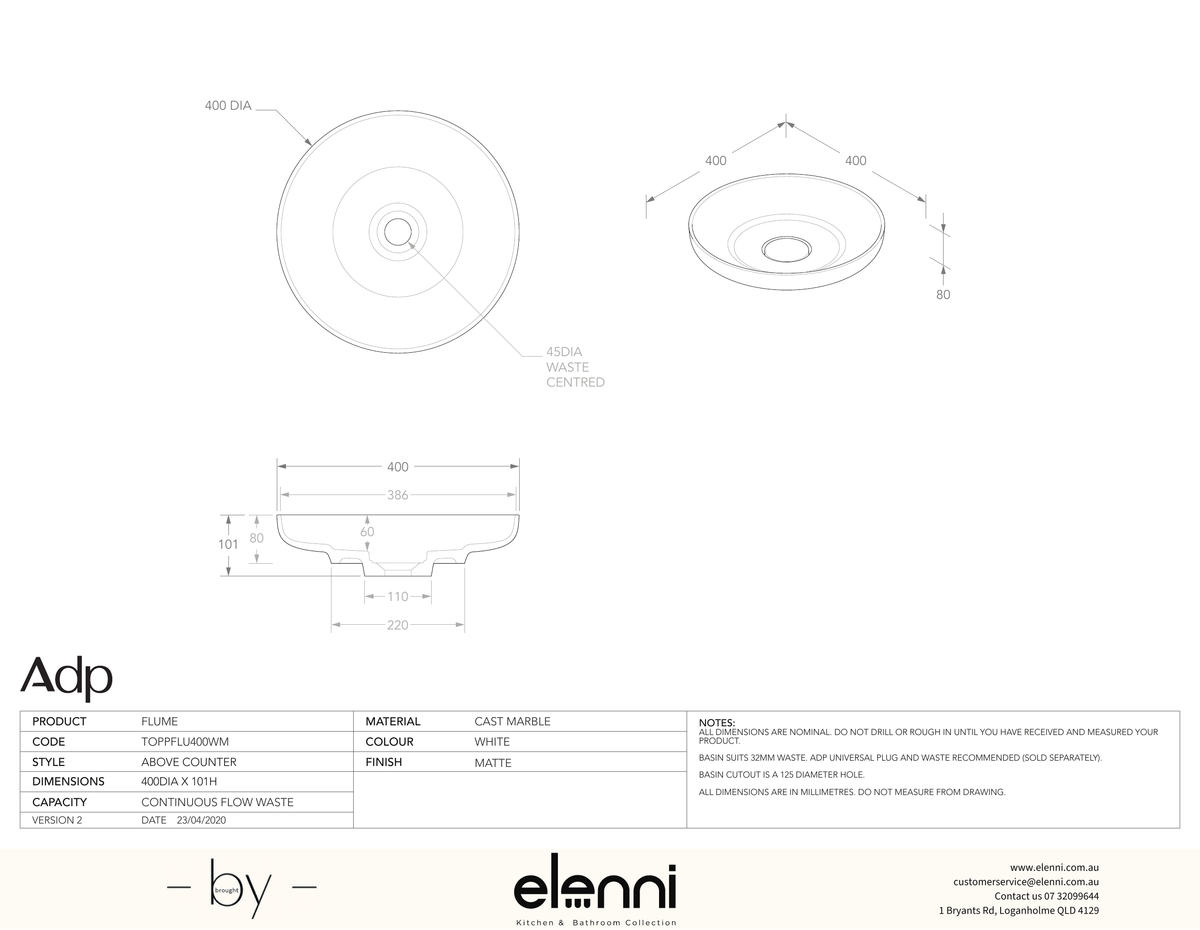 Flume - Elenni specification drawing
