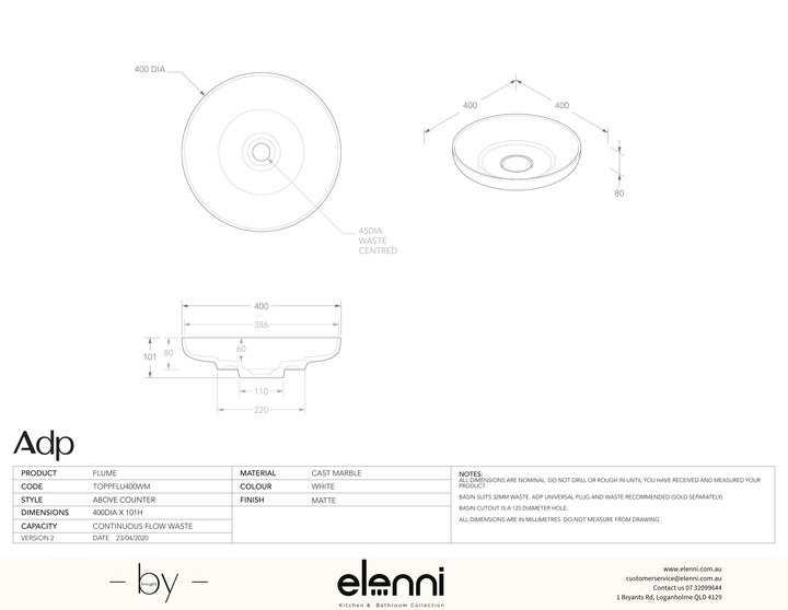 Flume - Elenni specification drawing