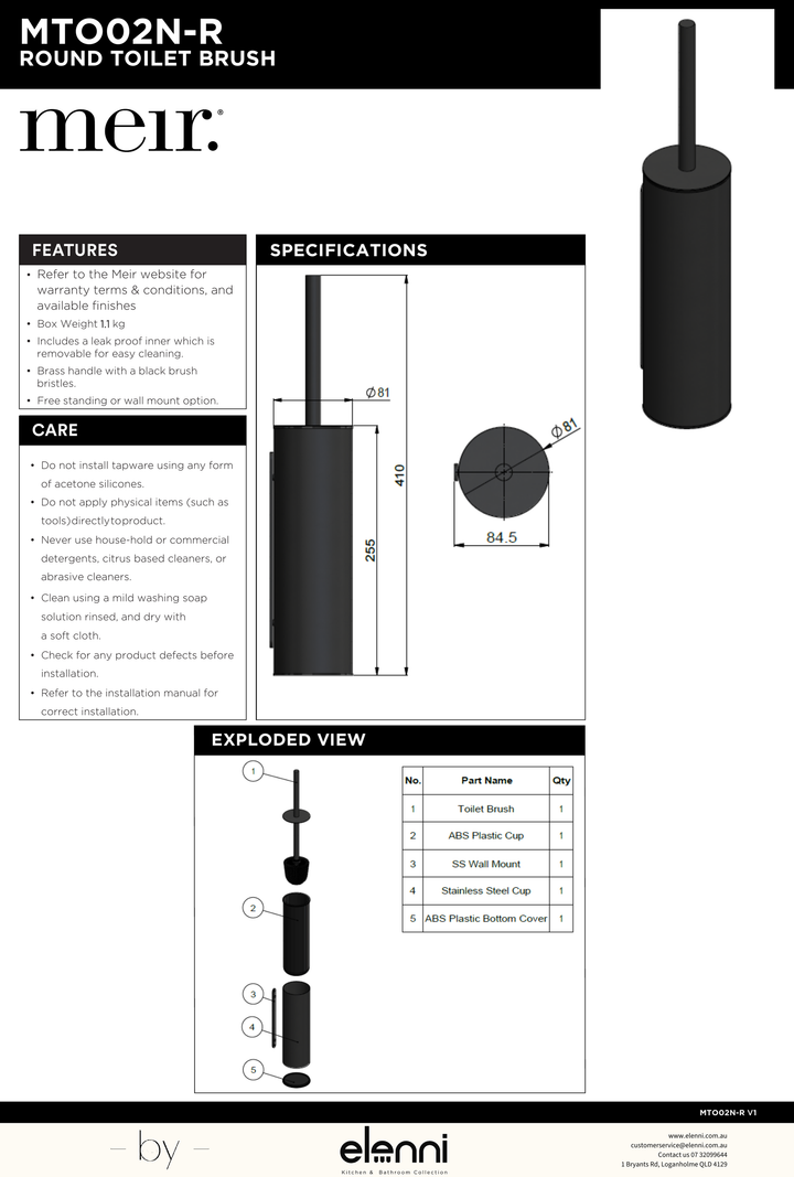 Round Toilet Brush &amp; Holder - Elenni specification drawing