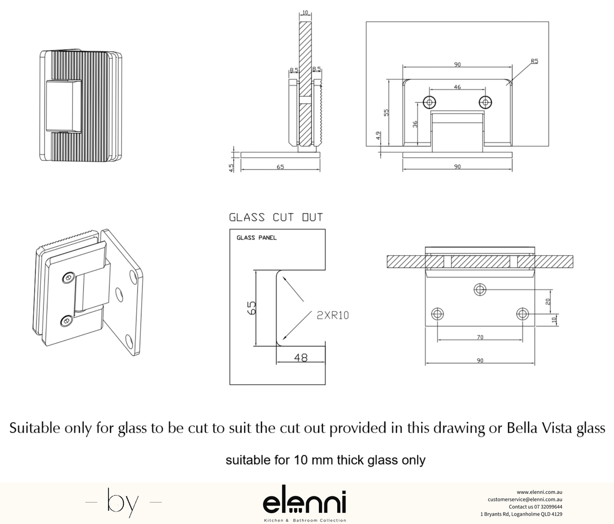 Shower Screen Hinge - Fluted - Glass To Wall - Elenni specification drawing