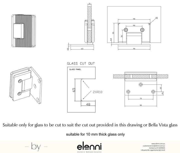 Shower Screen Hinge - Fluted - Glass To Wall - Elenni specification drawing