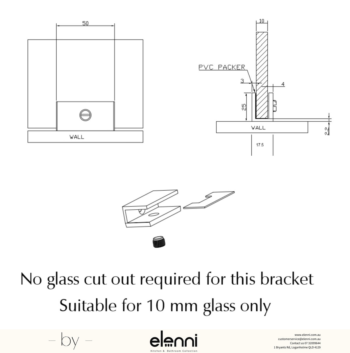Shower Screen Wall Bracket - Elenni specification drawing