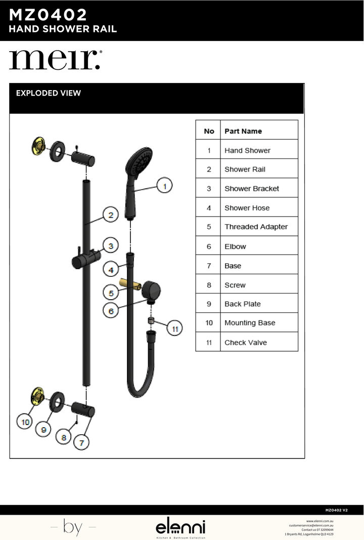 Round Three Function Hand Shower on Rail Column - Elenni specification drawing