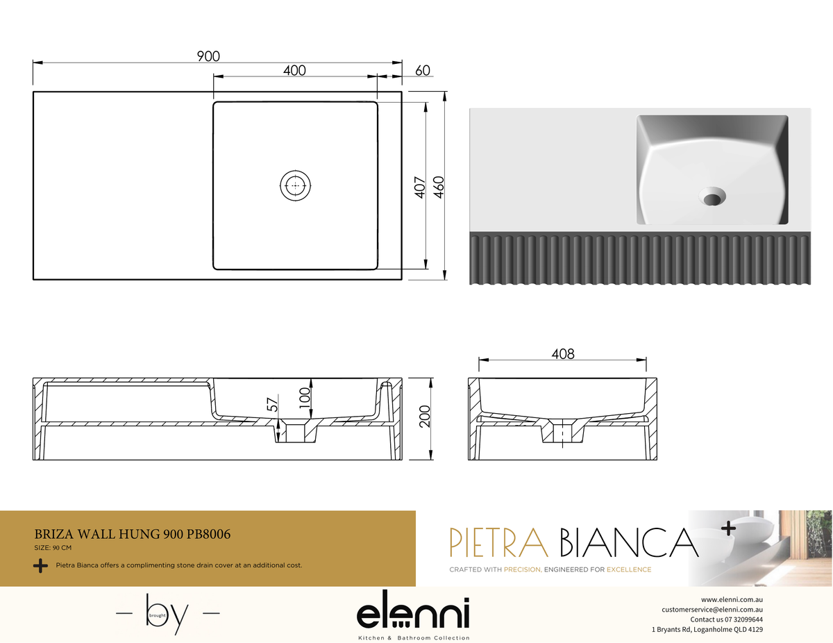 Briza Wall Hung 900mm Wall Hung Basin - Elenni specification drawing