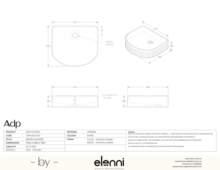 Arch Fluted - Elenni specification drawing