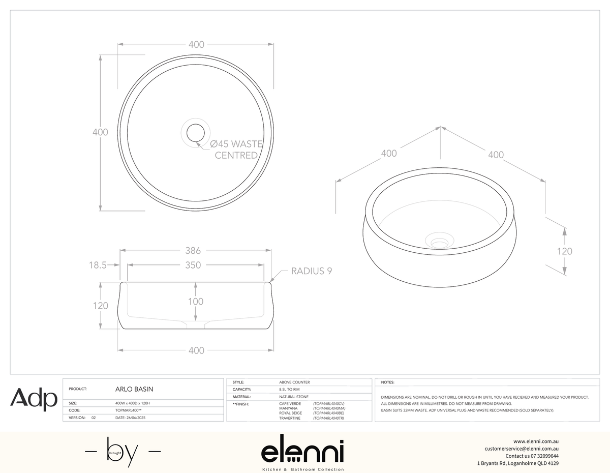 Arlo Royal Beige - Elenni specification drawing