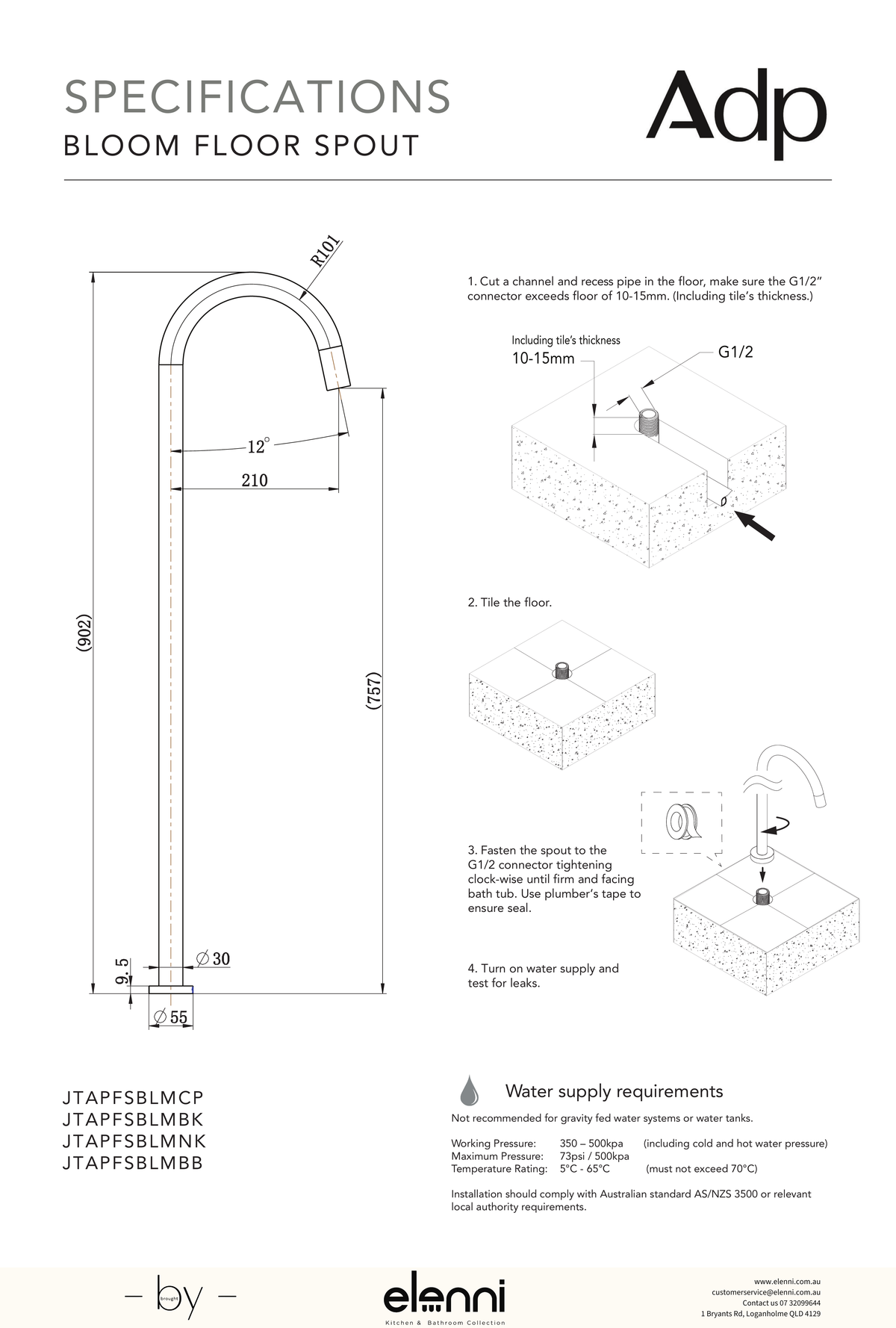 Bloom Floor Bath Spout - Elenni specification drawing