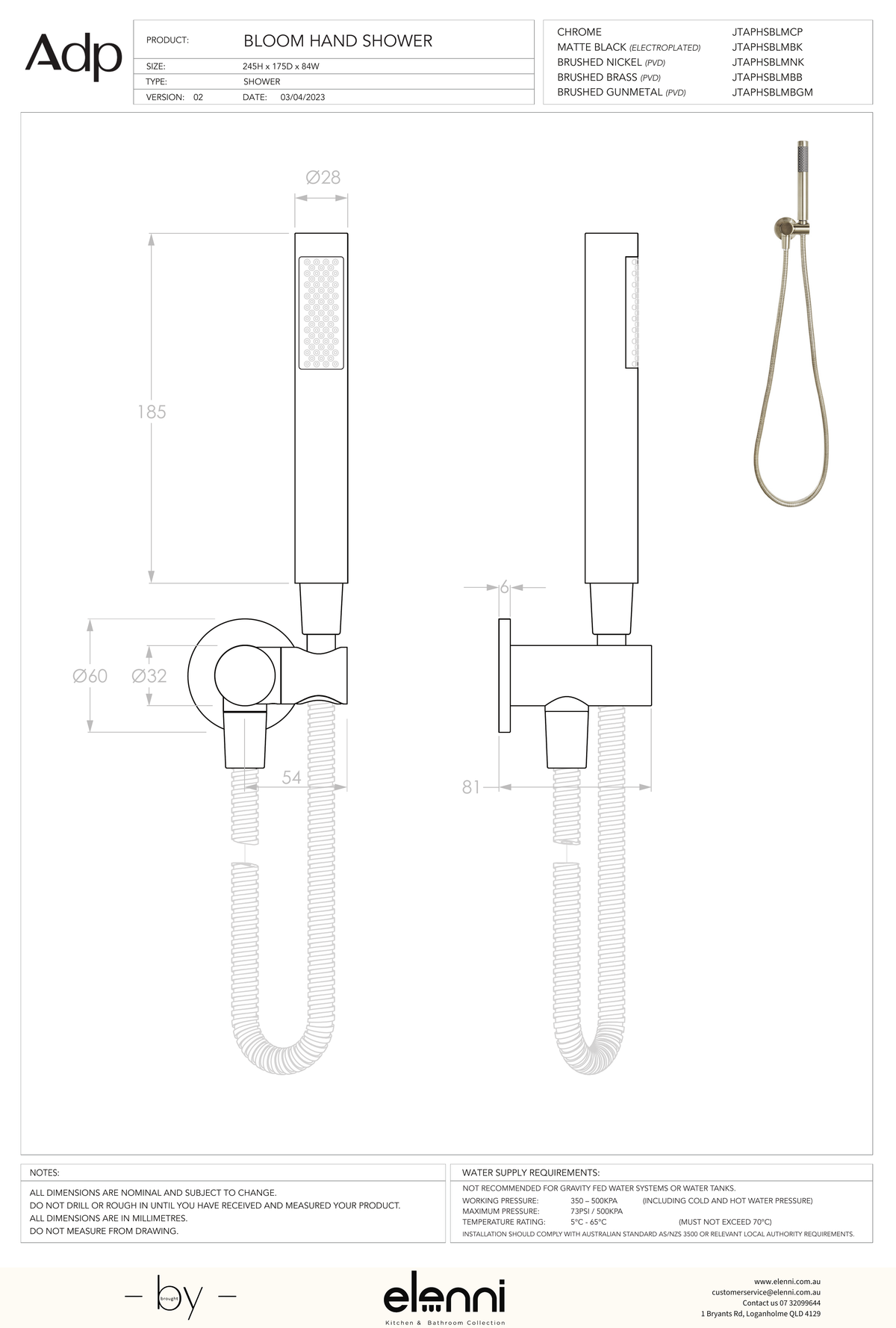 Bloom Hand Shower on Hook - Elenni specification drawing