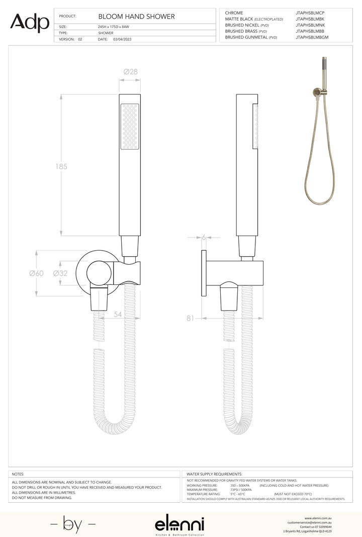 Bloom Hand Shower on Hook - Elenni specification drawing