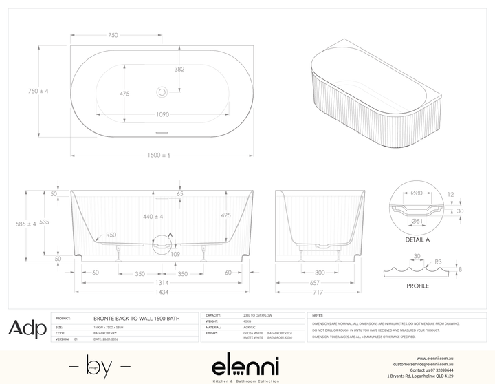 Bronte 1500 Back-to-Wall Matte White Bath - Elenni specification drawing