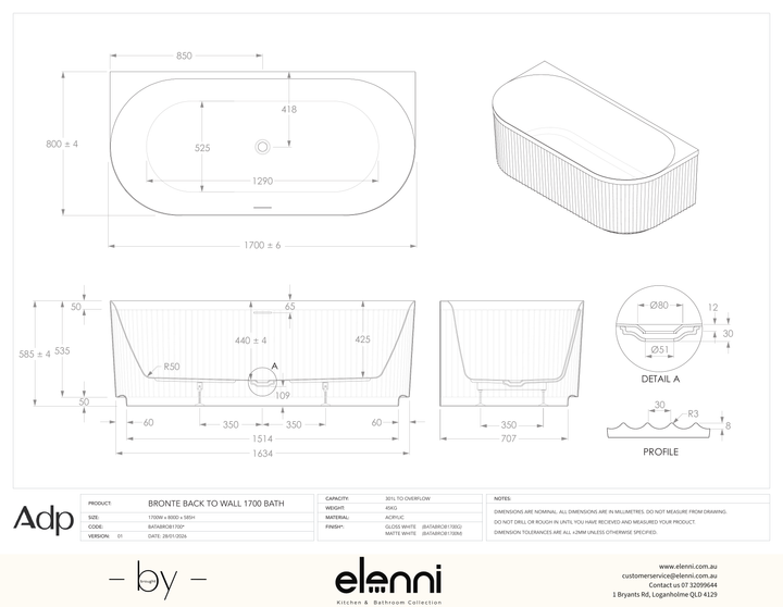 Bronte 1700 Back-to-Wall Gloss White Bath - Elenni specification drawing
