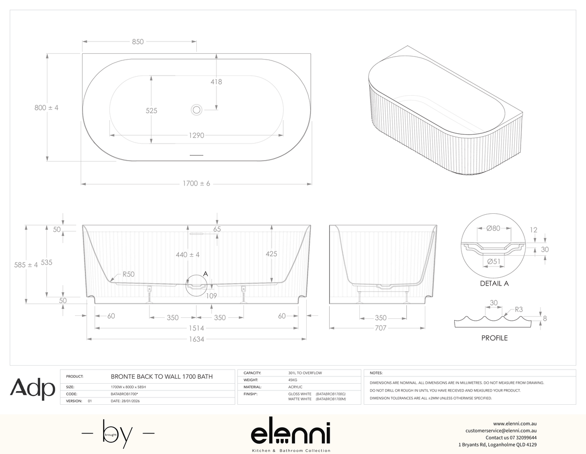 Bronte 1700 Back-to-Wall Matte White Bath - Elenni specification drawing