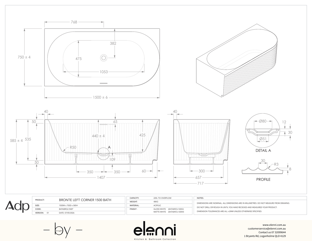 Bronte 1500 Left Corner Matte White Bath - Elenni specification drawing
