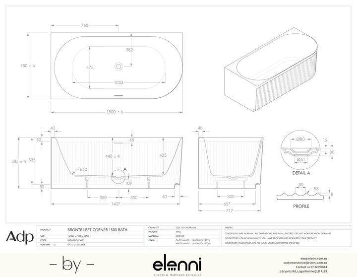Bronte 1500 Left Corner Matte White Bath - Elenni specification drawing
