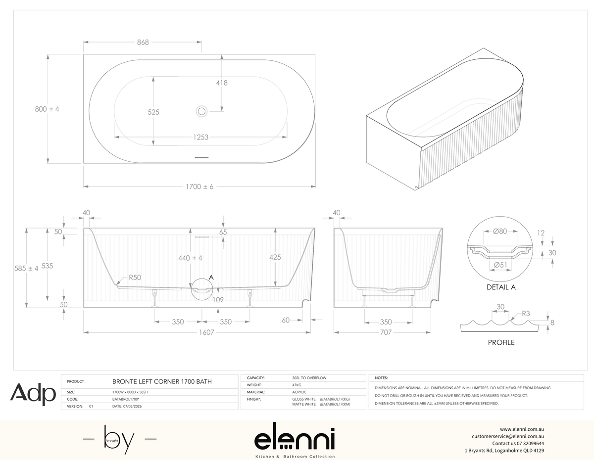 Bronte 1700 Left Corner Matte White Bath - Elenni specification drawing