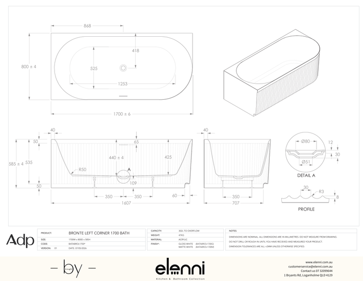 Bronte 1700 Left Corner Matte White Bath - Elenni specification drawing
