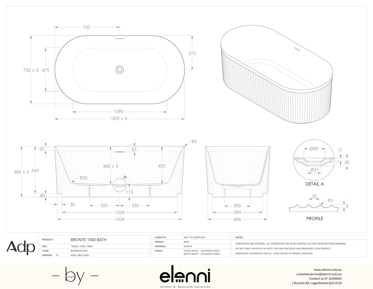 Bronte 1500 Freestanding Gloss White Bath - Elenni specification drawing