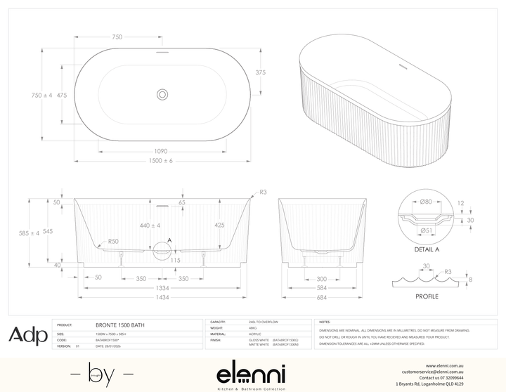 Bronte 1500 Freestanding Matte White Bath - Elenni specification drawing