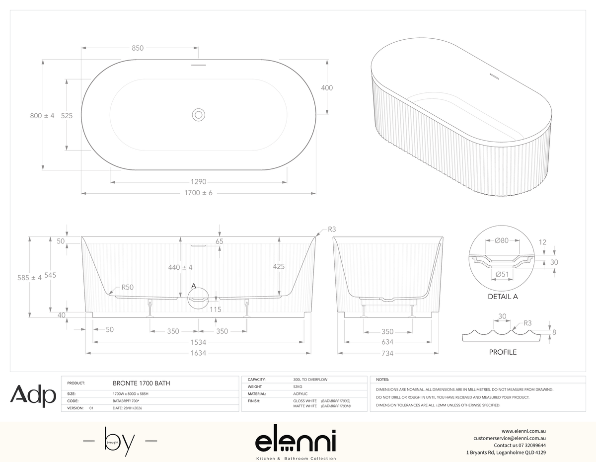 Bronte Plus 1700 Freestanding Matte White Bath - Elenni specification drawing