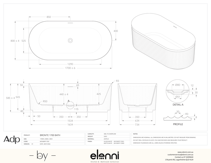 Bronte Plus 1700 Freestanding Matte White Bath - Elenni specification drawing