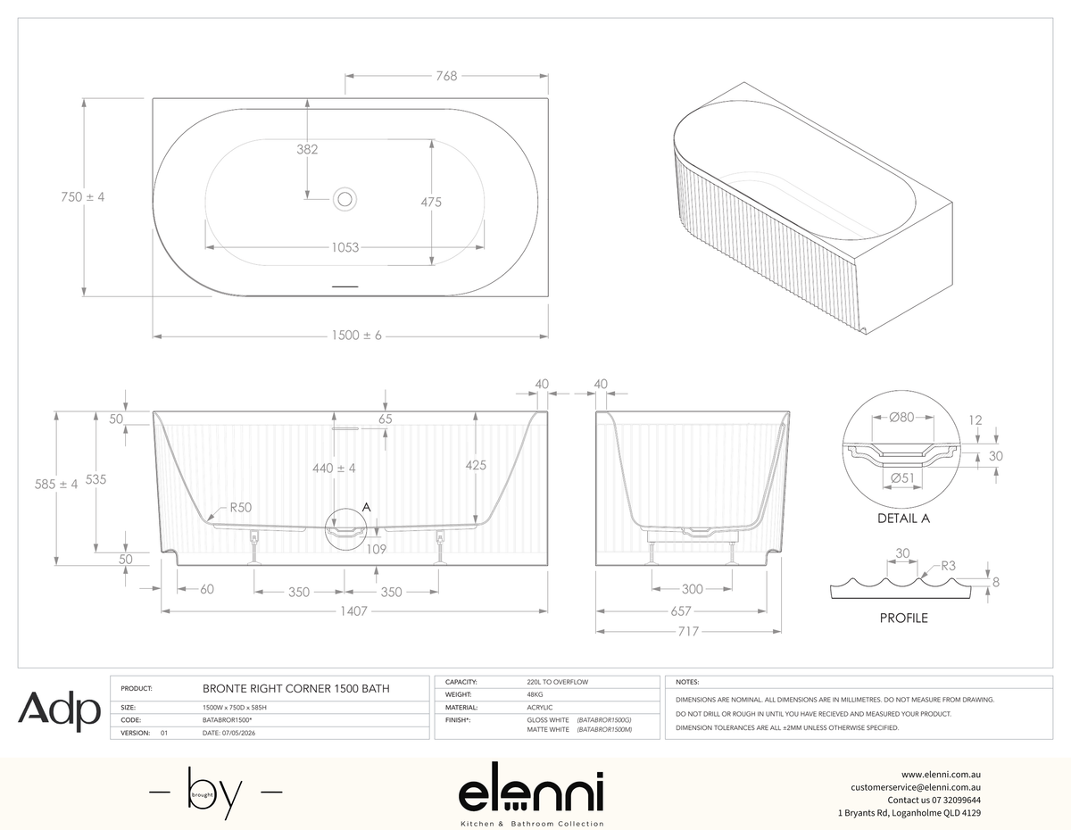 Bronte 1500 Right Corner Gloss White Bath - Elenni specification drawing