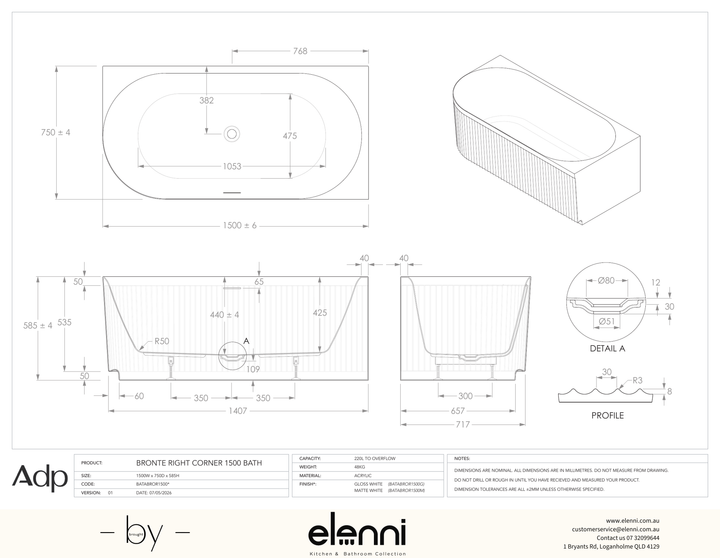 Bronte 1500 Right Corner Gloss White Bath - Elenni specification drawing