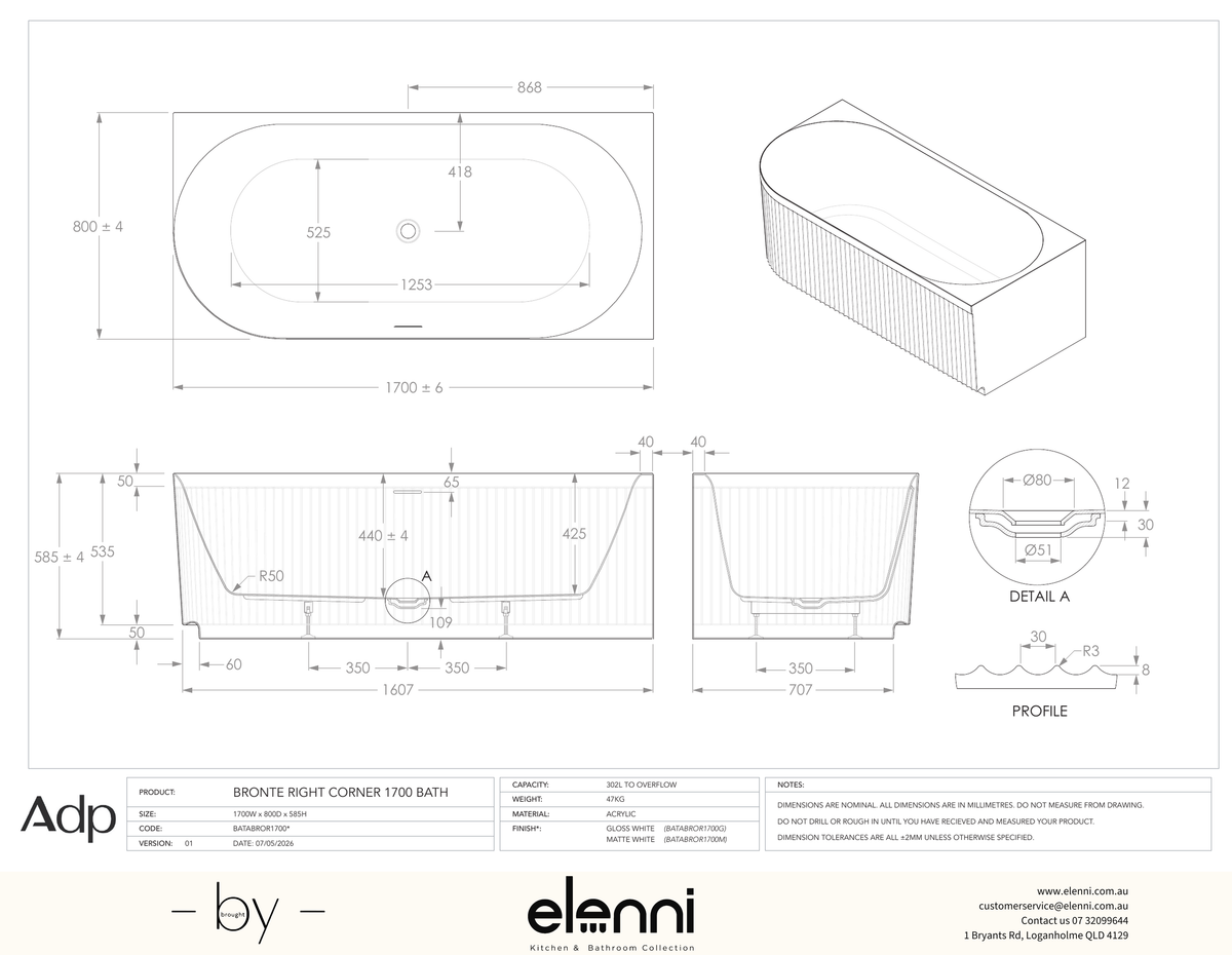 Bronte 1700 Right Corner Gloss White Bath - Elenni specification drawing