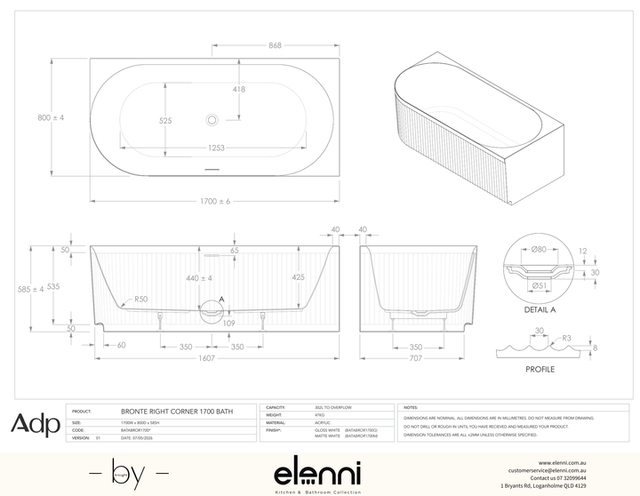 Bronte 1700 Right Corner Gloss White Bath - Elenni specification drawing