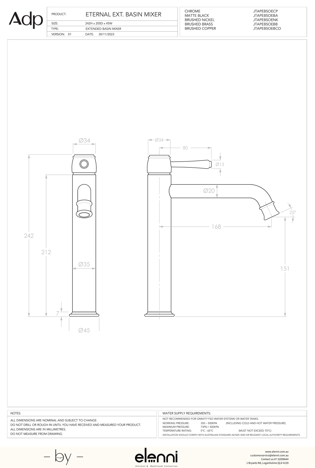 Eternal Extended Basin Mixer - Elenni specification drawing