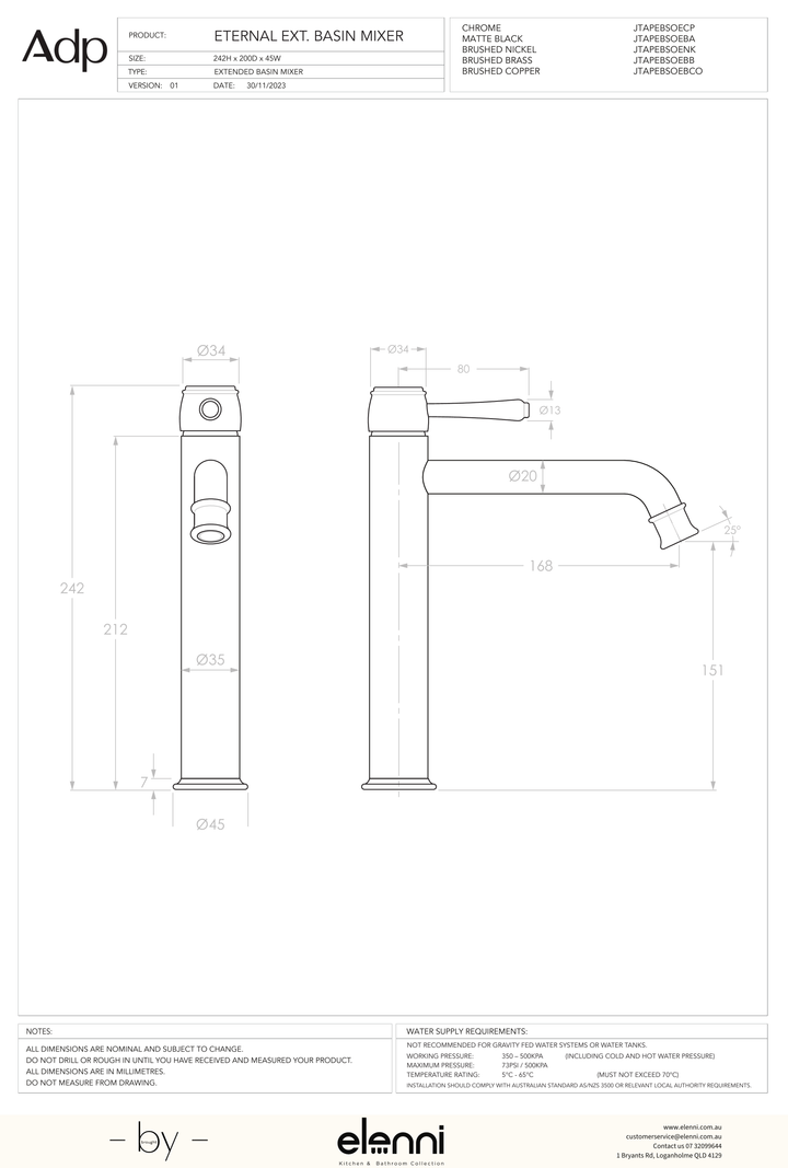Eternal Extended Basin Mixer - Elenni specification drawing