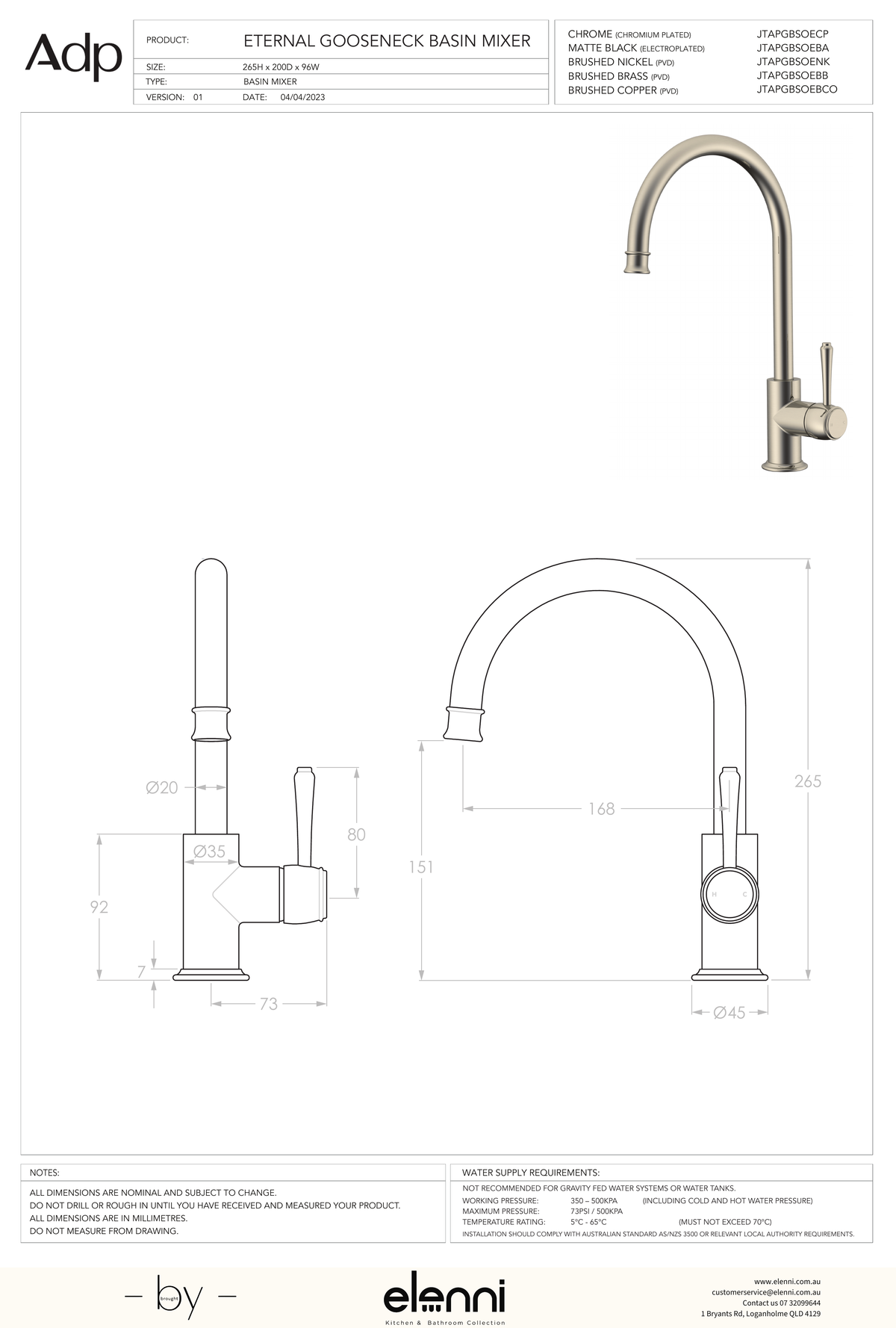 Eternal Gooseneck Basin Mixer - Elenni specification drawing