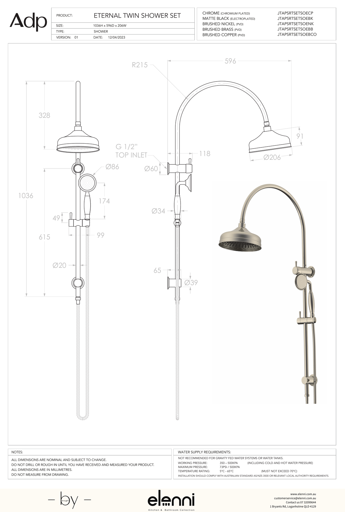 Eternal Gooseneck Twin Shower Set - Elenni specification drawing