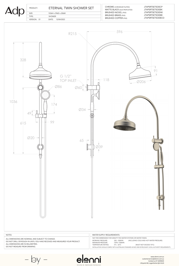 Eternal Gooseneck Twin Shower Set - Elenni specification drawing