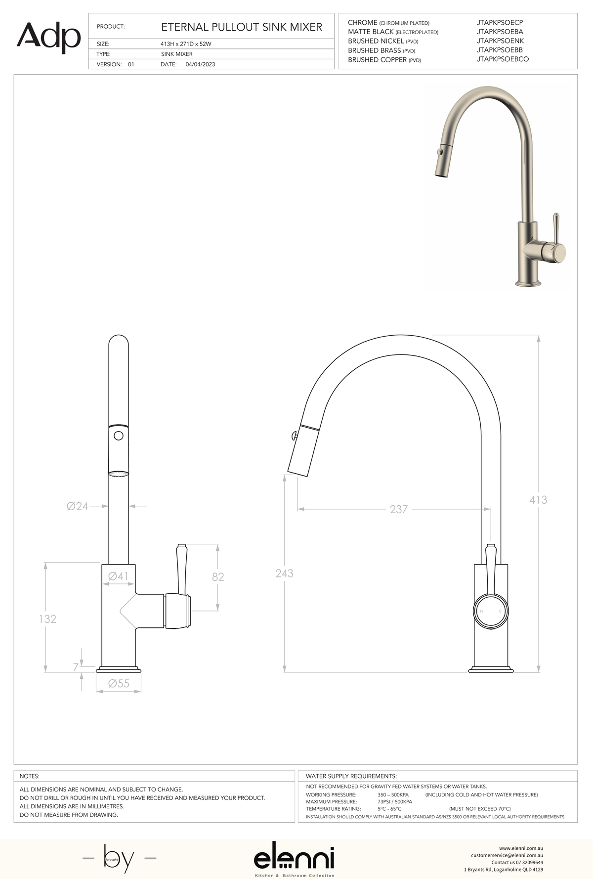 Eternal Pull Out Kitchen Mixer - Elenni specification drawing
