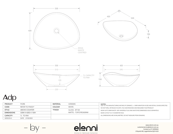 Fiore - Elenni specification drawing