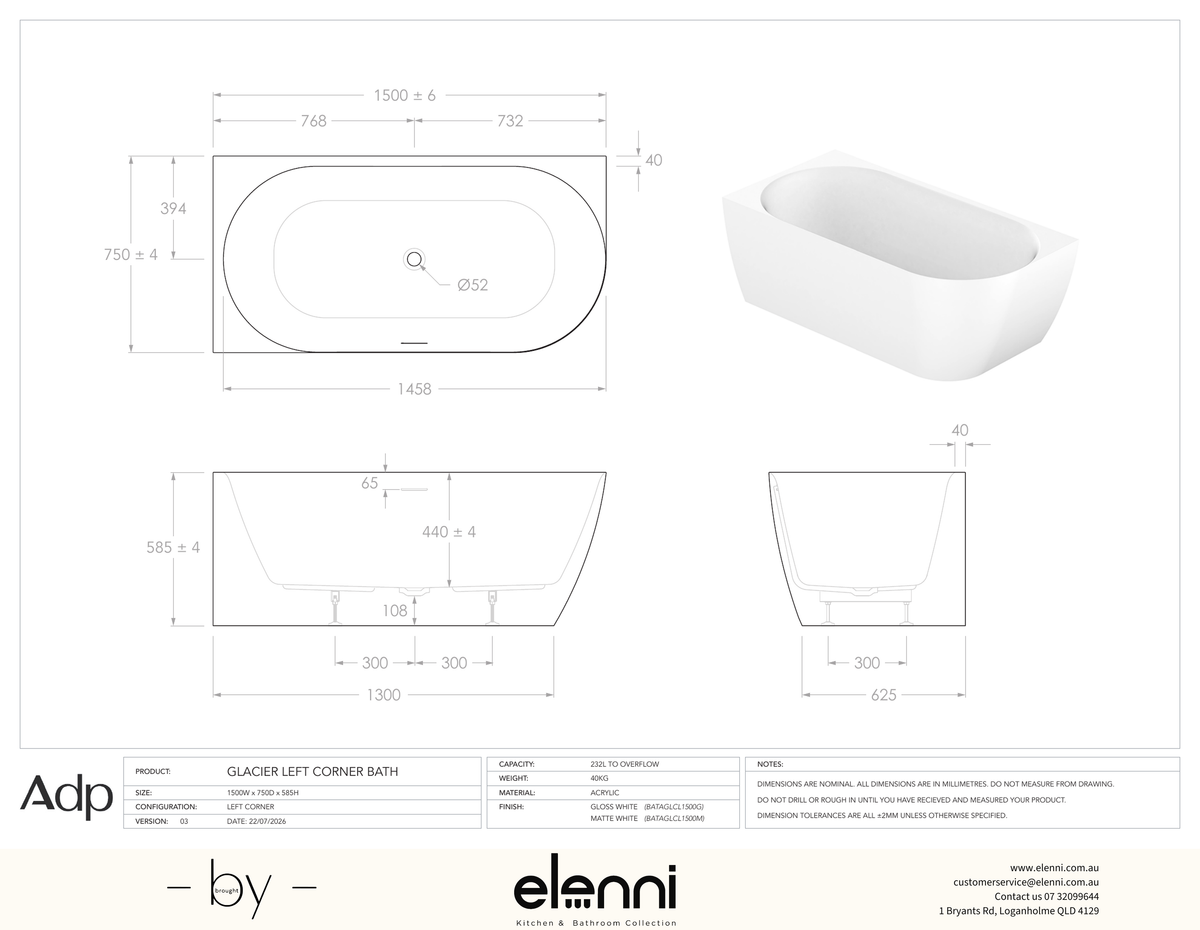Glacier 1500 Left Corner Gloss White Bath - Elenni specification drawing
