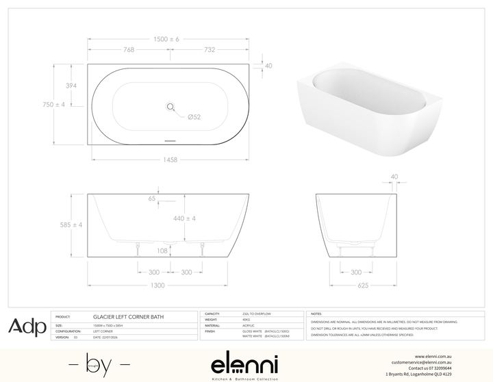 Glacier 1500 Left Corner Gloss White Bath - Elenni specification drawing