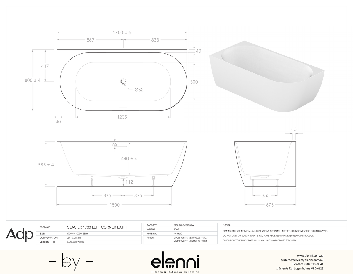 Glacier 1700 Left Corner Matte White Bath - Elenni specification drawing