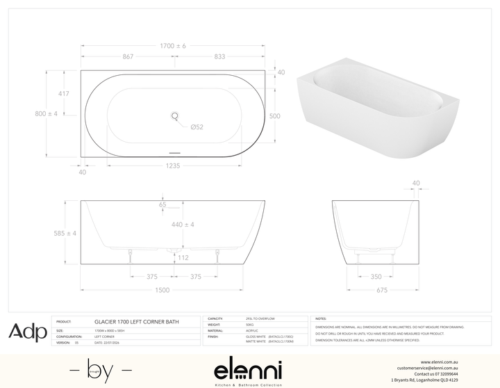 Glacier 1700 Left Corner Matte White Bath - Elenni specification drawing