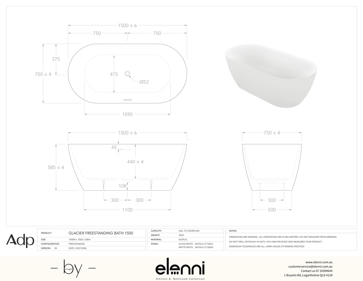 Glacier 1500 Freestanding Gloss White Bath - Elenni specification drawing
