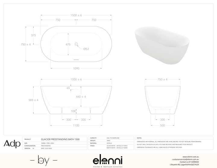 Glacier 1500 Freestanding Gloss White Bath - Elenni specification drawing