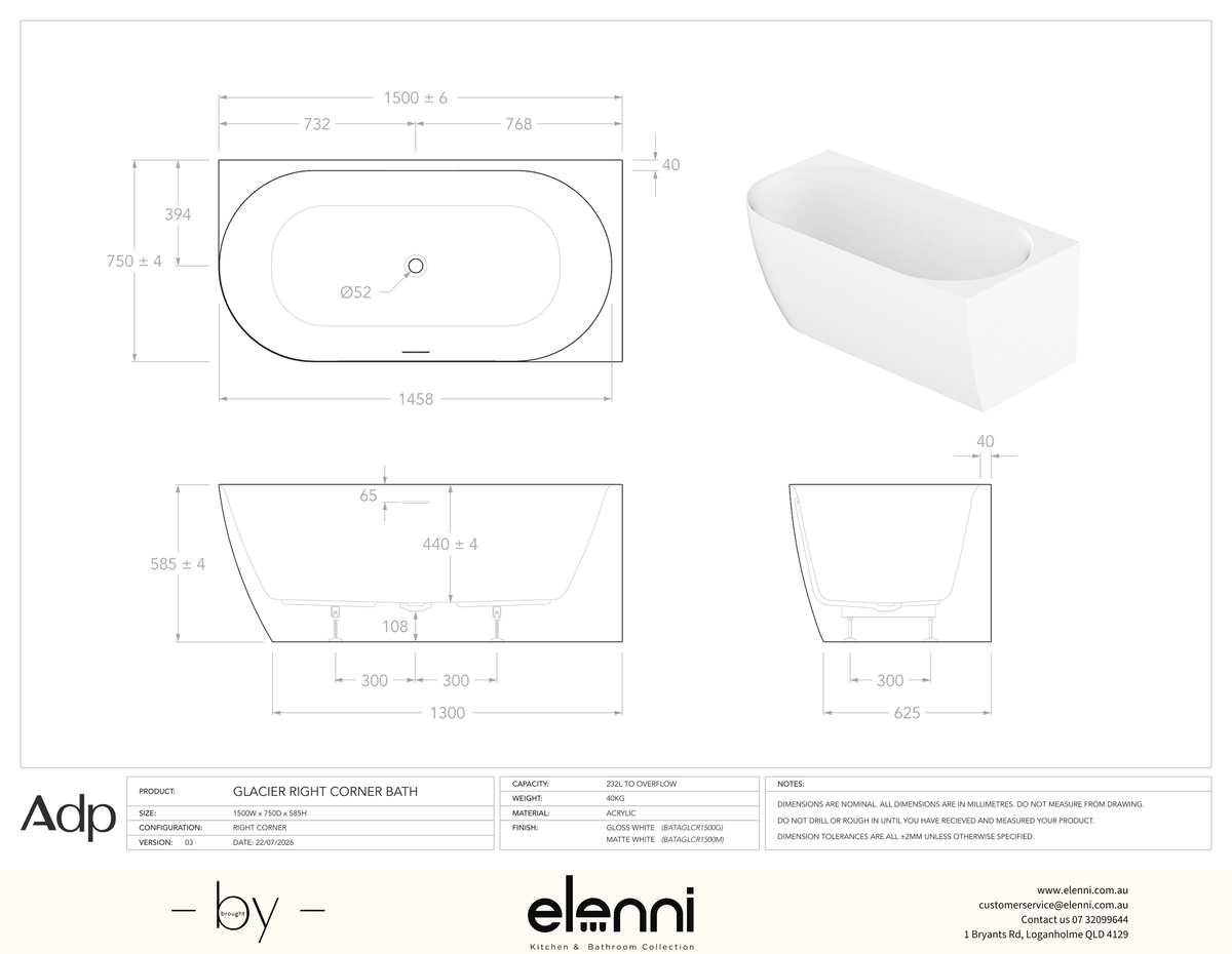 Glacier 1500 Right Corner Gloss White Bath - Elenni specification drawing