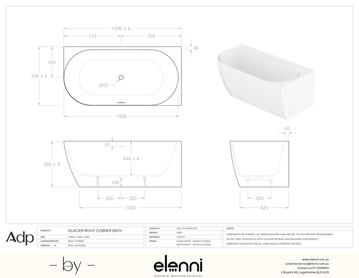 Glacier 1500 Right Corner Gloss White Bath - Elenni specification drawing