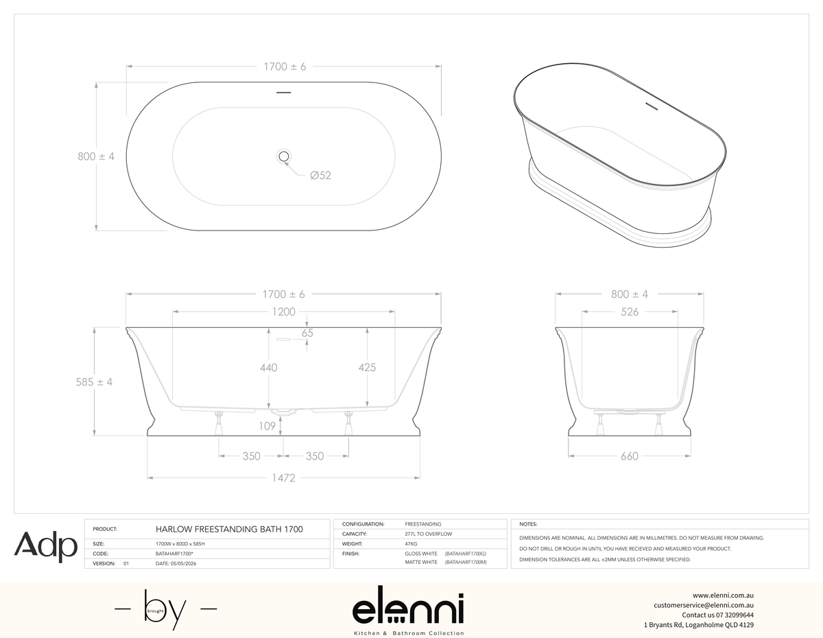 Harlow 1700 Freestanding Matte White Bath - Elenni specification drawing